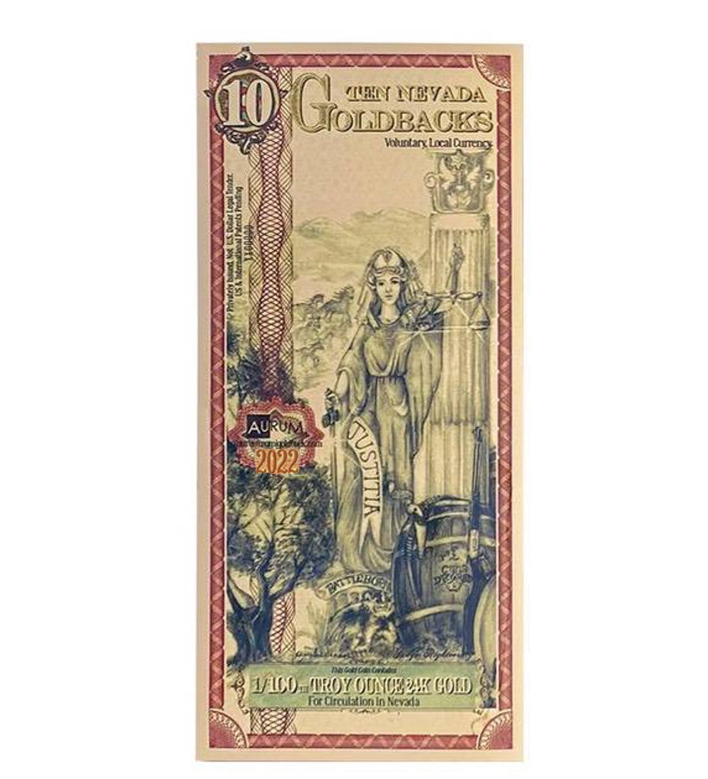 10 NEVADA GOLDBACK AURUM 24KT GOLD FOIL NOTE BU 1/100TH OZ .999 FINE GOLD