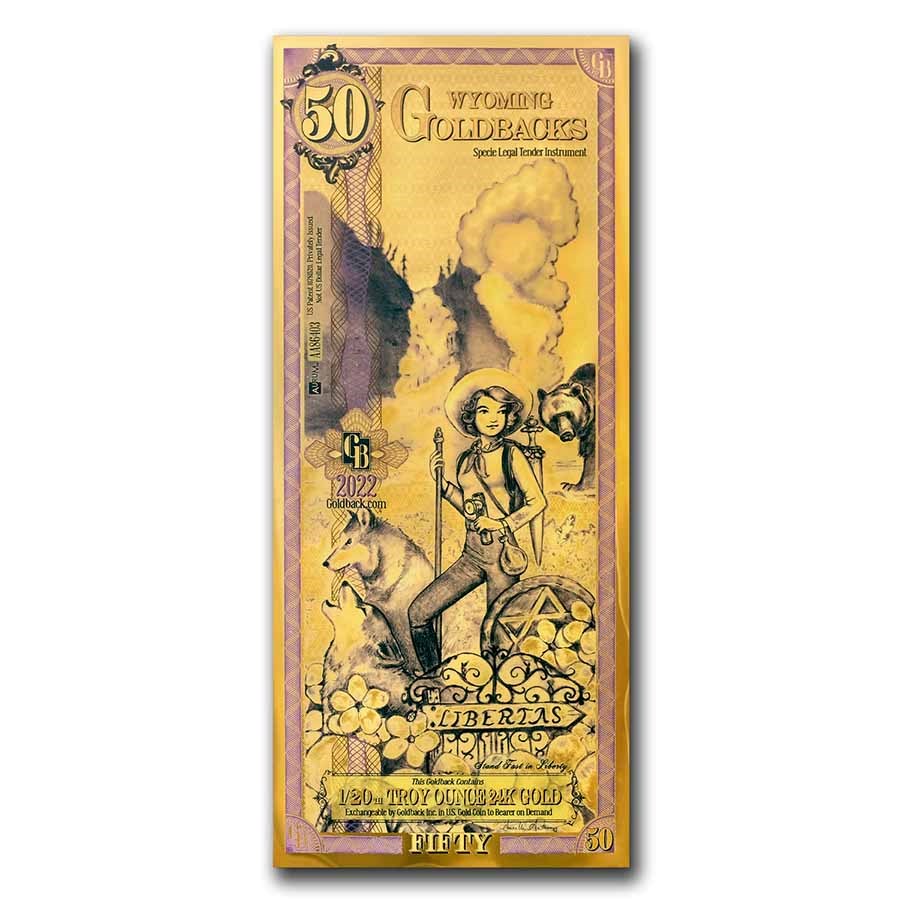 50 WYOMING GOLDBACK AURUM 24KT GOLD FOIL NOTE BU 1/20 OZ .999 FINE GOLD