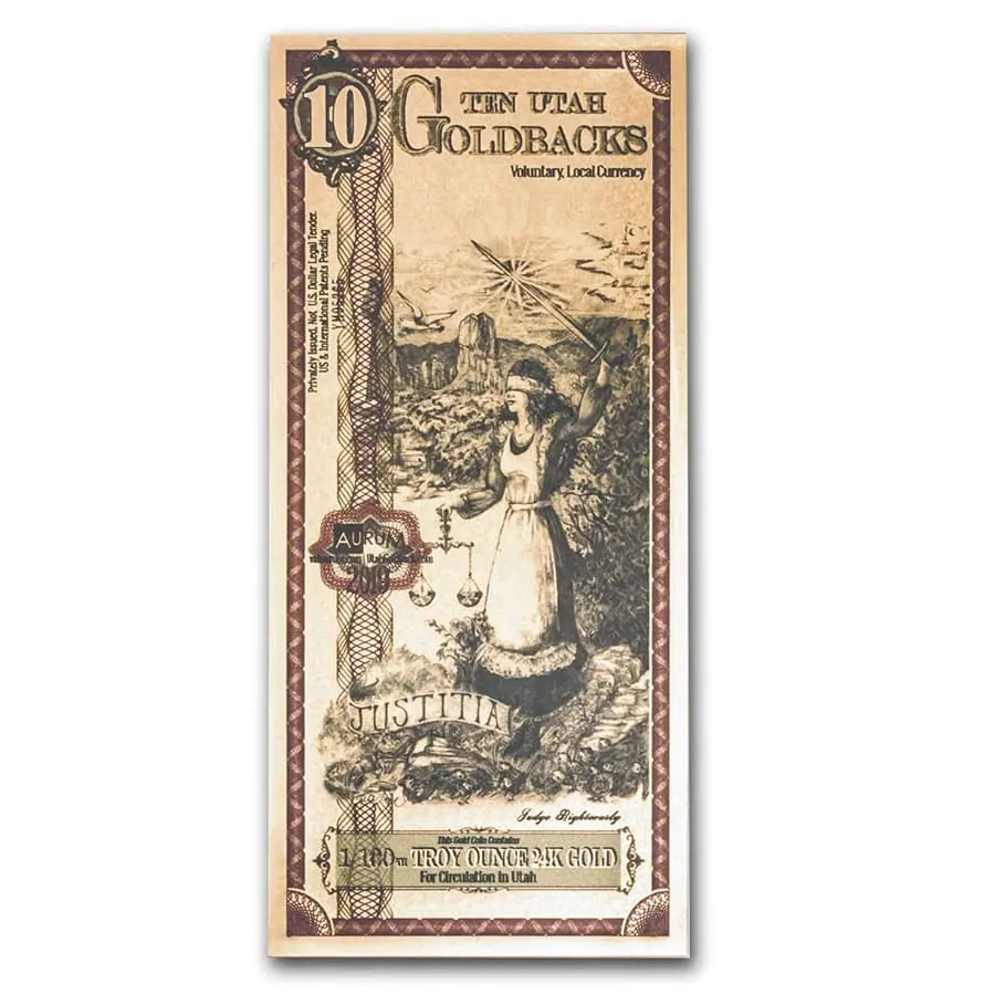 10 UTAH GOLDBACK AURUM 24KT GOLD FOIL NOTE BU 1/100 OZ .999 FINE GOLD
