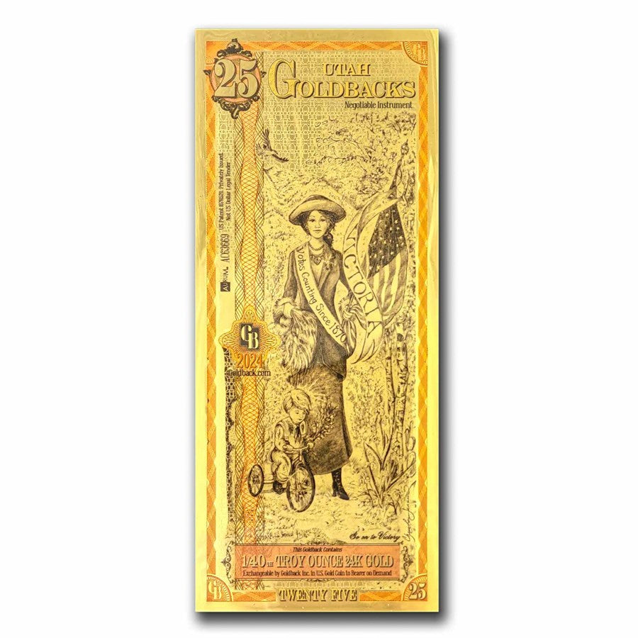 25 UTAH GOLDBACK AURUM 24KT GOLD FOIL NOTE BU 1/40 OZ .999 FINE GOLD