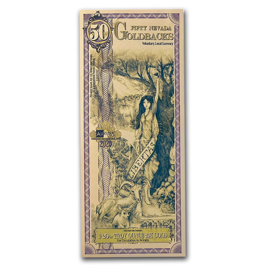 50 NEVADA GOLDBACK AURUM 24KT GOLD FOIL NOTE BU 1/20 OZ .999 FINE GOLD