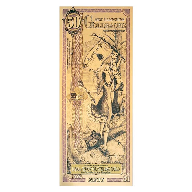 50 NEW HAMPSHIRE GOLDBACK AURUM 24KT GOLD FOIL NOTE BU 1/20 OZ .999 FINE GOLD